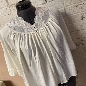 Vintage Shadow Line White Lace Floral Nylon Pajama Top Small
